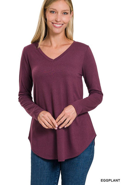 Long Sleeve V-Neck Round Hem Top