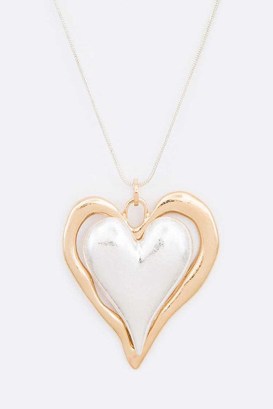 2 Tone Puff Heart Pendant Necklace Set