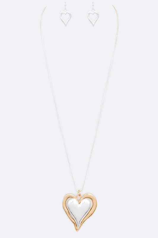 2 Tone Puff Heart Pendant Necklace Set - Tigbuls Variety Fashion