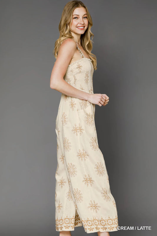 Umgee Smocked Printed Wide Leg Jumpsuit - Tigbul's Variety Fashion Shop