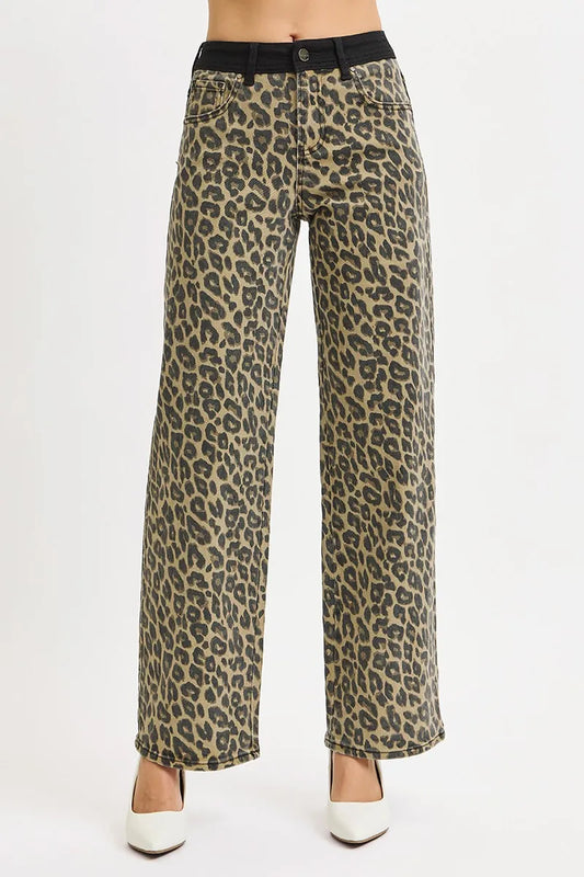 RISEN High Rise Wide Leg Leopard Printed Jeans with Contrast Waist Band Detail - Tigbul's Variety Fashion Shop