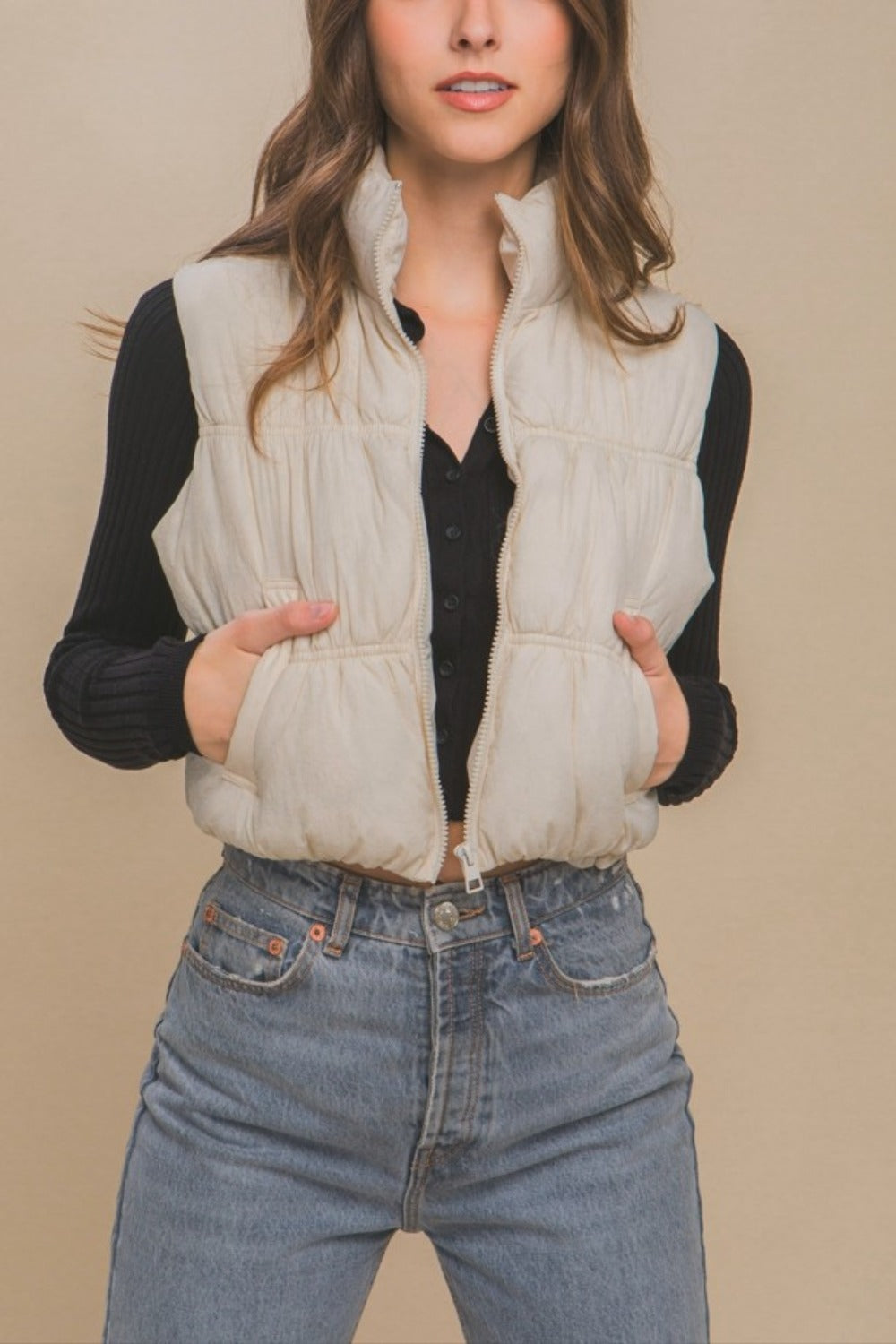 Cream Color Zip Up Turtleneck Cropped Vest Coat | Tigbuls