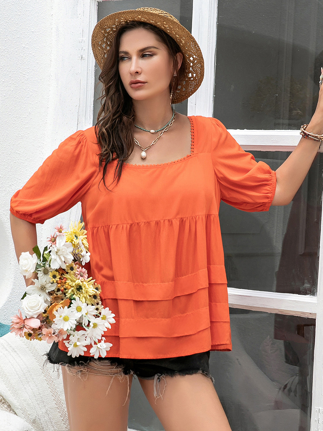 Plus Size Square Neck Half Sleeve Blouse - Tigbul's Variety Fashion Shop