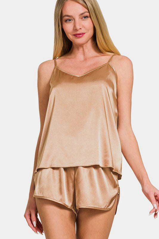 Zenana V-Neck Satin Cami and Elastic Waist Shorts Lounge Set - Tigbul's Variety Fashion Shop