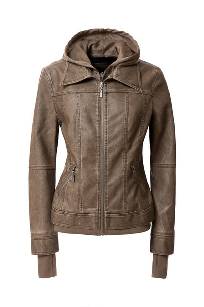 Women's Hooded PU Leather Jacket - Tigbul's Variety Fashion Shop