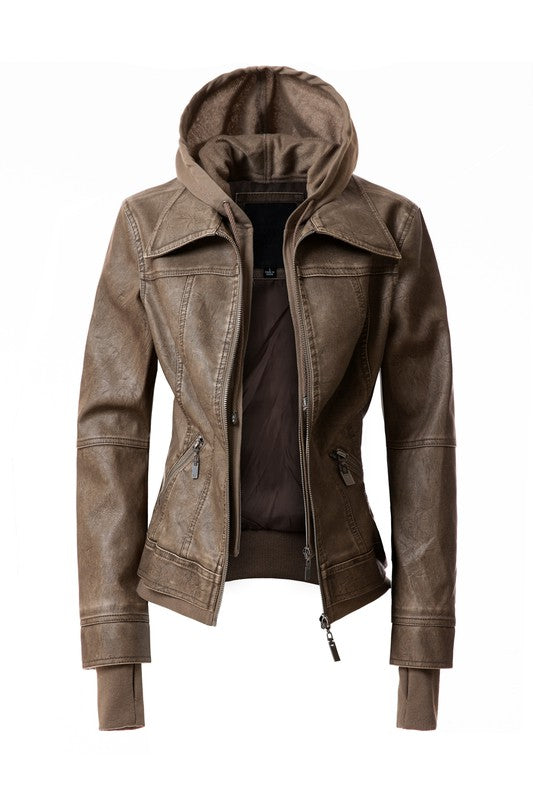 Women's Hood PU Leather Jacket - Tigbul's Variety Fashion Shop