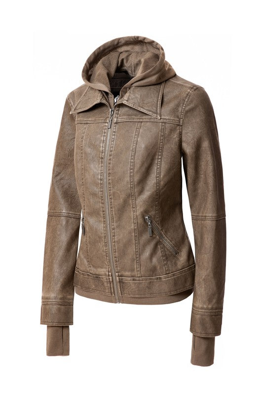 Women's Hood PU Leather Jacket - Tigbul's Variety Fashion Shop