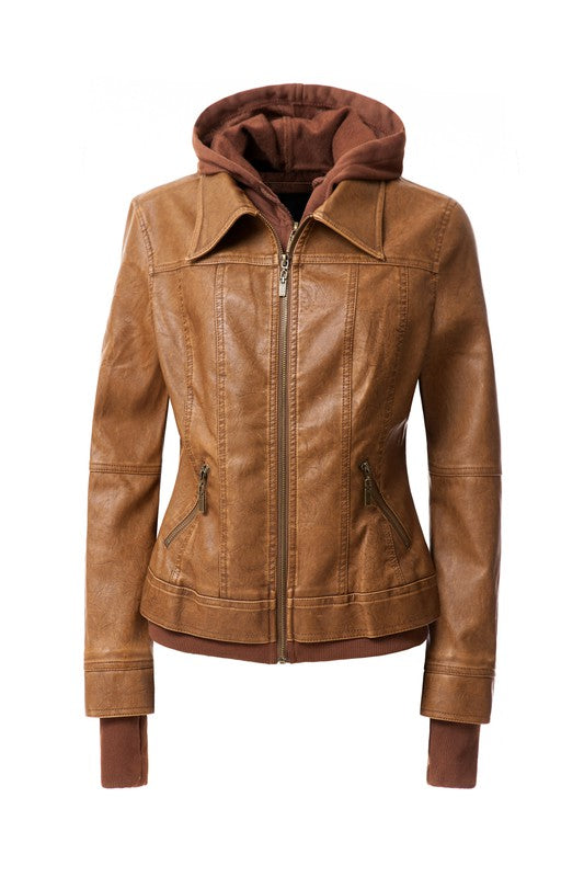 Women's Hooded PU Leather Jacket - Tigbul's Variety Fashion Shop