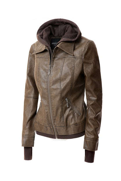 Women's Hooded PU Leather Jacket - Tigbul's Variety Fashion Shop