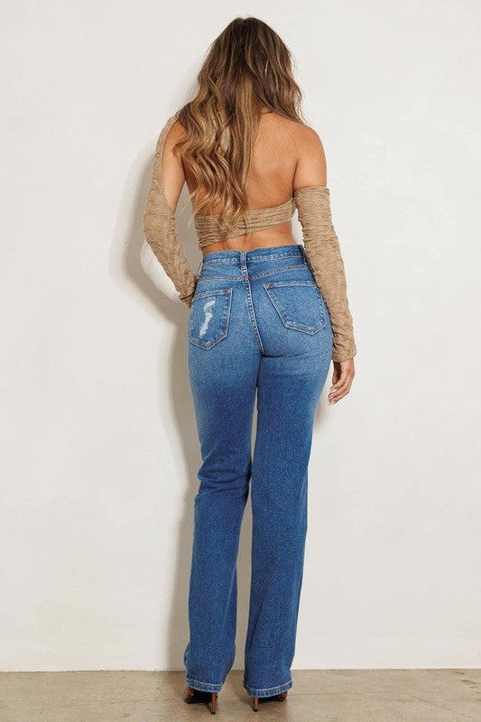 High Rise Subtle Distressed Straight Jeans - Tigbuls Variety Fashion