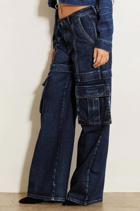 Cargo Pocket Wide Leg Jean Denim Blue Pants - Tigbuls Variety Fashion