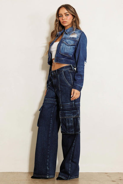 Cargo Pocket Wide Leg Jean Denim Blue Pants - Tigbuls Variety Fashion