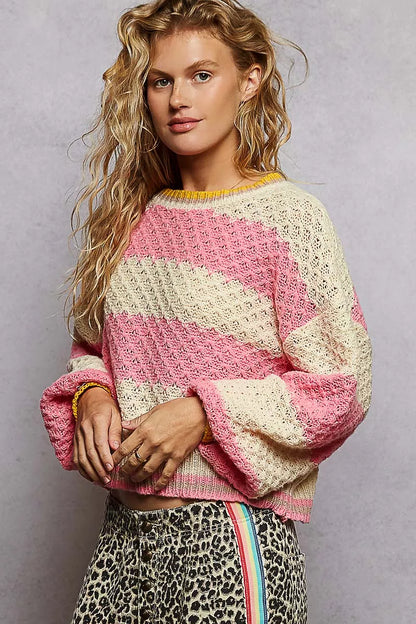 POL Contrast Striped Round Neck Sweater with Textured Cable Knit Pattern - Tigbul's Variety Fashion Shop