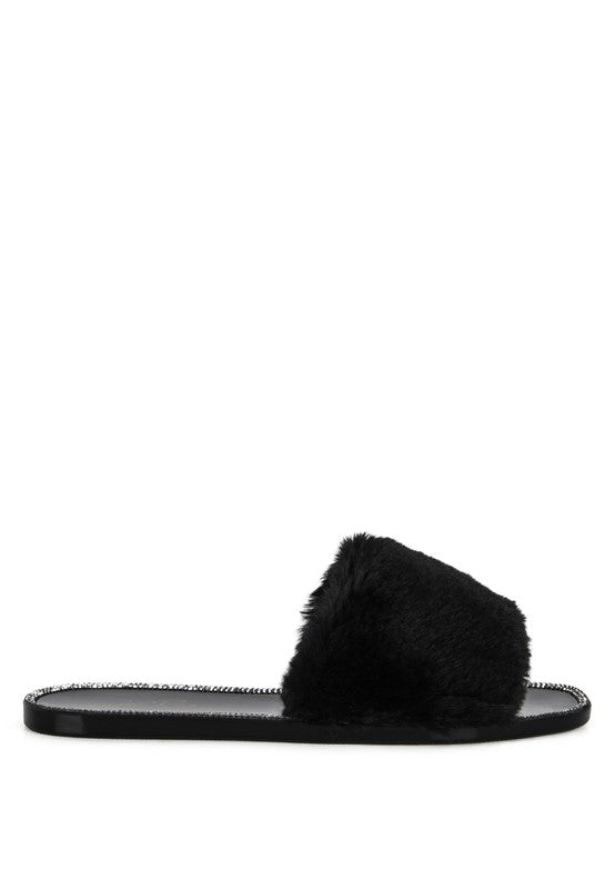 Geese Faux Fur Diamante Detail Jelly Flats - Tigbuls Variety Fashion