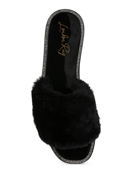 Geese Faux Fur Diamante Detail Jelly Flats - Tigbuls Variety Fashion