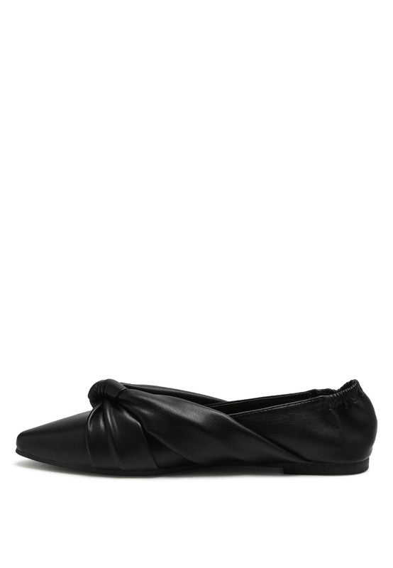 Black ballet flats side angle with knotted front and elastic top