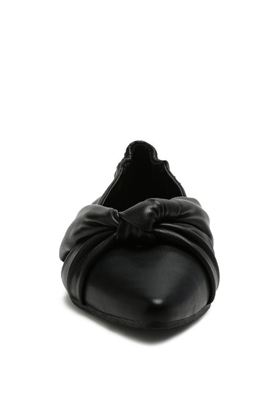 Black ballet flats back view with gathered knot detail at the toe