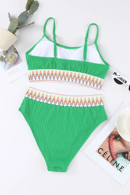 Textured Contrast Banding Bikini High Waist 2pcs Swimsuit - Tigbul's Variety Fashion Shop