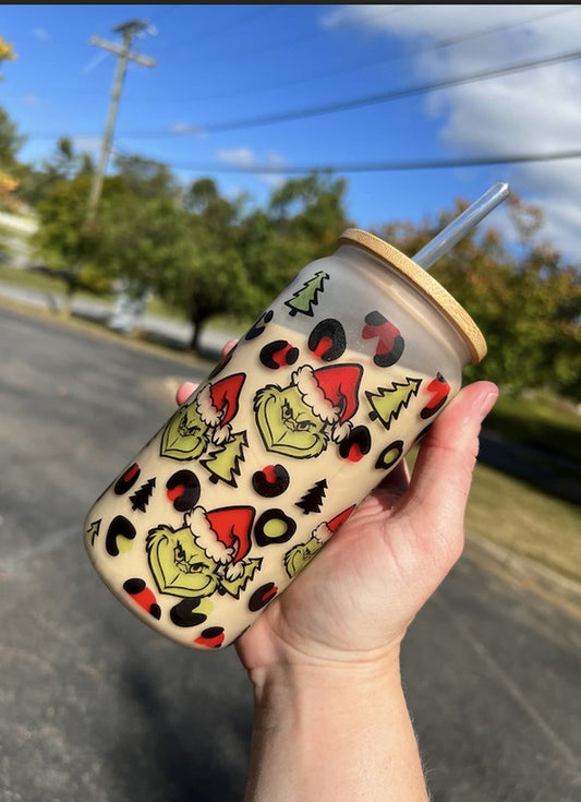Grinch Christmas Leopard Glass Can Cup | Tigbuls Variety Fashion