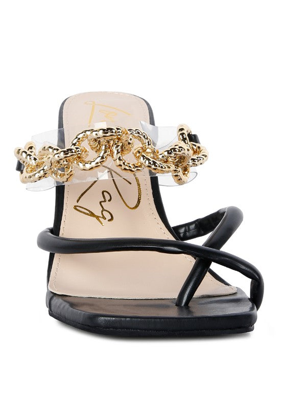 Social Bee Link Chain Embellished Heel Sandals - Tigbuls Variety Fashion