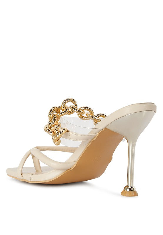 Social Bee Link Chain Embellished Heel Sandals - Tigbuls Variety Fashion