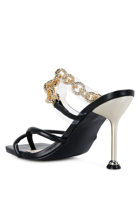 Social Bee Link Chain Embellished Heel Sandals - Tigbuls Variety Fashion