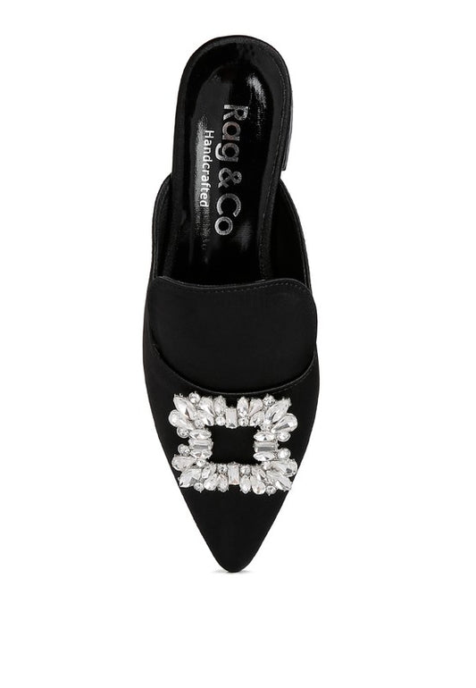 PERRINE Diamante Jewel Satin Mules in Black - Tigbul's Variety Fashion Shop