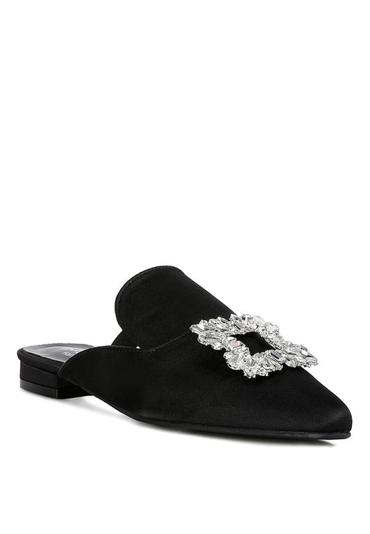 PERRINE Diamante Jewel Satin Mules in Black - Tigbul's Variety Fashion Shop