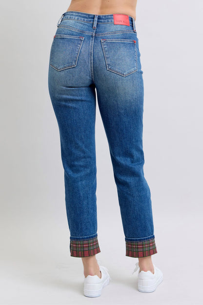 Judy Blue Full Size Plaid Print Cuff Straight Leg Jeans with Pockets - Tigbul's Variety Fashion Shop