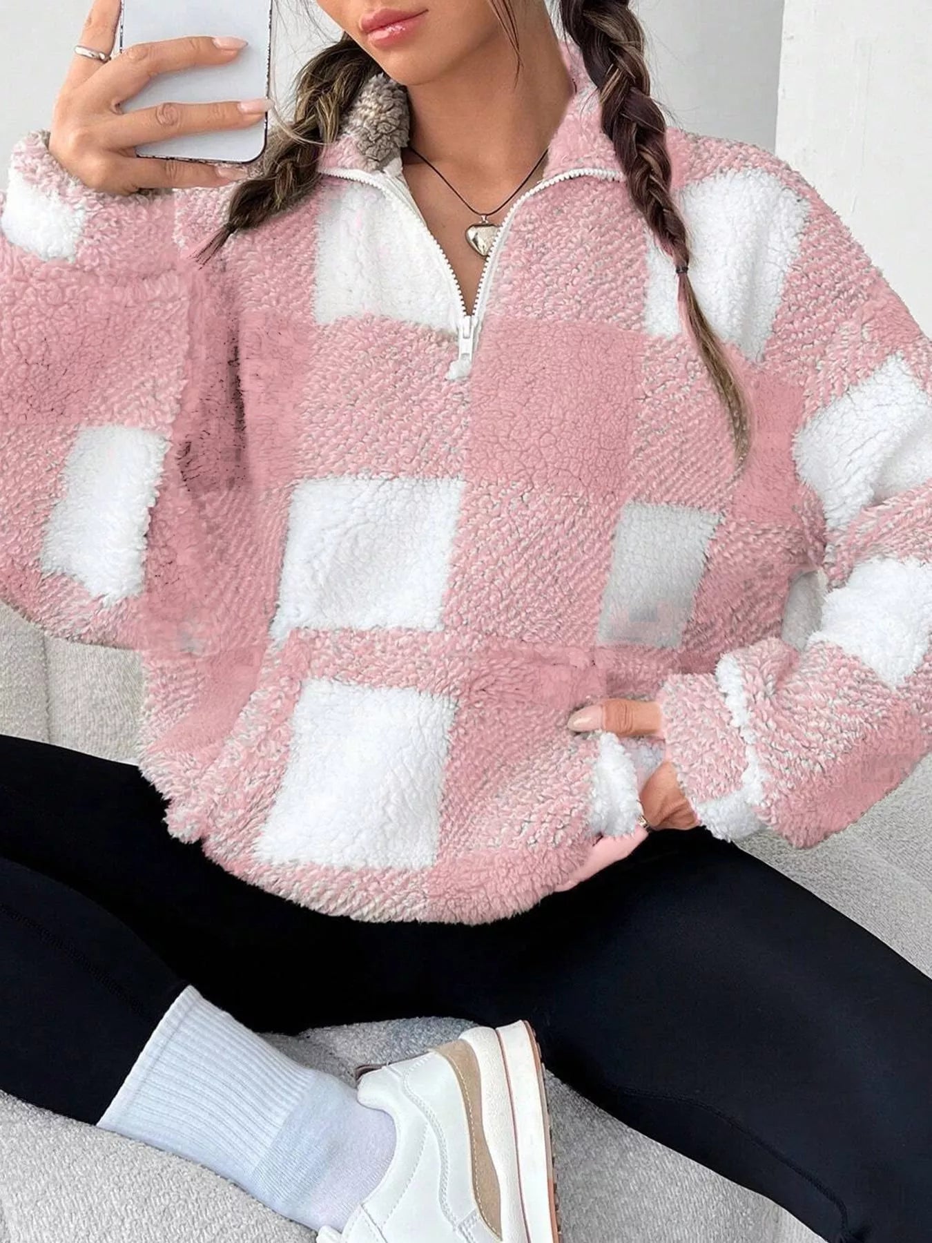 Full Size Plaid Sherpa Long Sleeve Sweatshirt Plus Size - Tigbul's Variety Fashion Shop