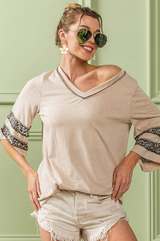 Triblend Knit Top with Leopard Band Detail - Tigbul's Variety Fashion Shop