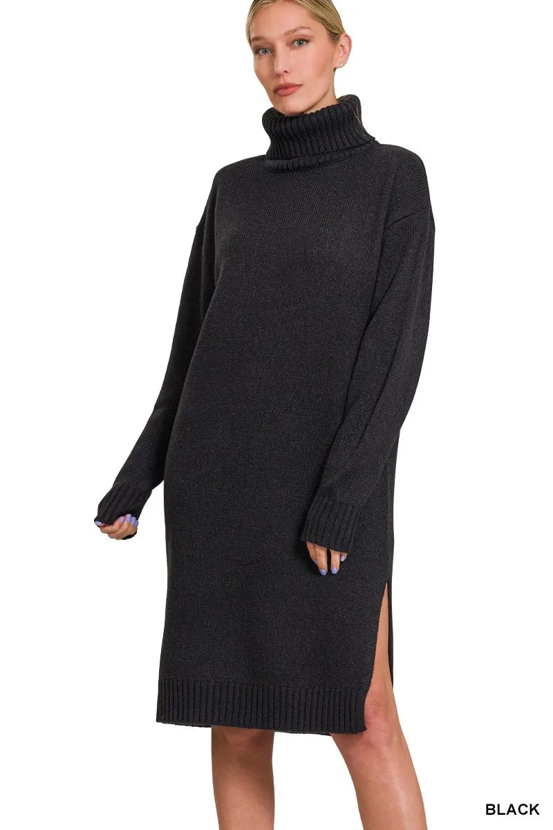 Zenana Turtle Neck Long Sleeve Midi Sweater Dress - Tigbul's Variety Fashion Shop