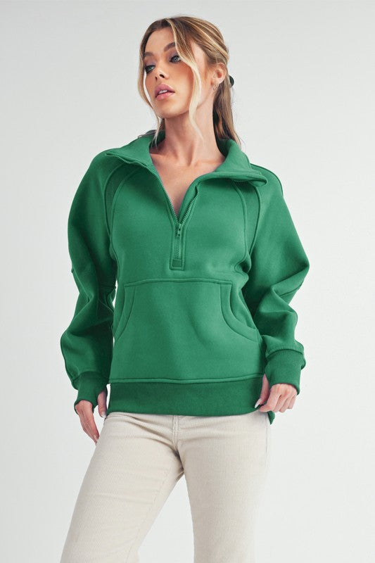 Half Zip Raglan Sleeve Sweatshirt with Kangaroo Pocket - Tigbul's Variety Fashion Shop