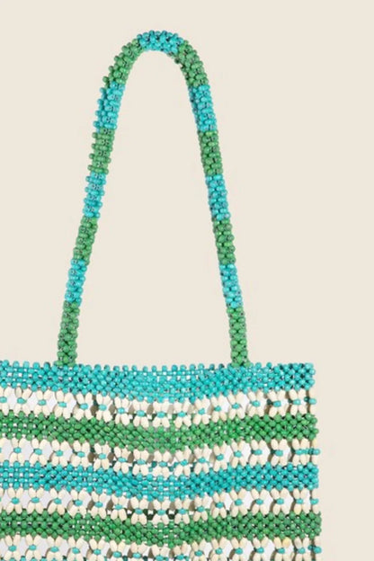 Turquoise Contrast Wooden Beaded Tote Bag - Tigbul's Variety Fashion Shop