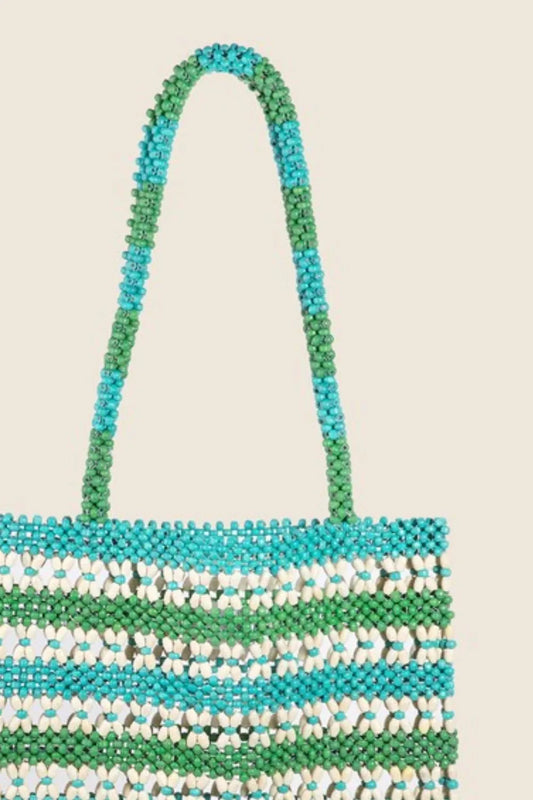 Turquoise Contrast Wooden Beaded Tote Bag - Tigbul's Variety Fashion Shop