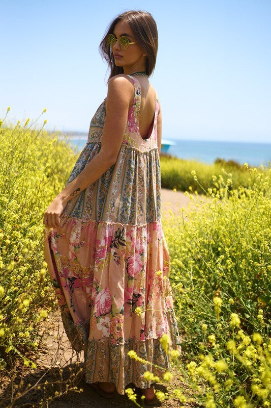 Floral Boho Stripe Mixed Full Skirt Maxi Dress - Tigbul's Variety Fashion Shop
