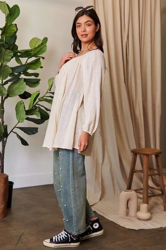 White Crinckled Texture Fabric Round Neck Swing Top - Tigbul's Variety Fashion Shop