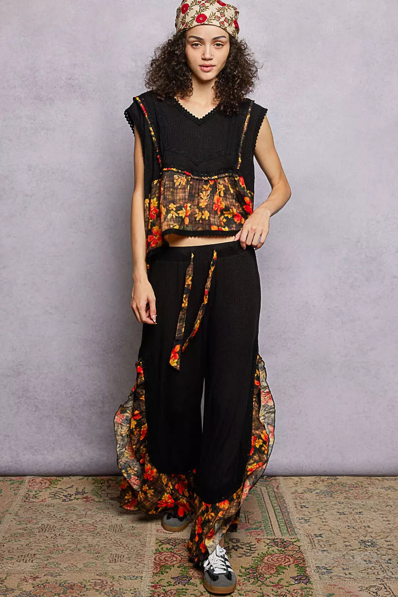 POL Lace Detail Floral Cropped Ruffled Top - Tigbul's Variety Fashion Shop