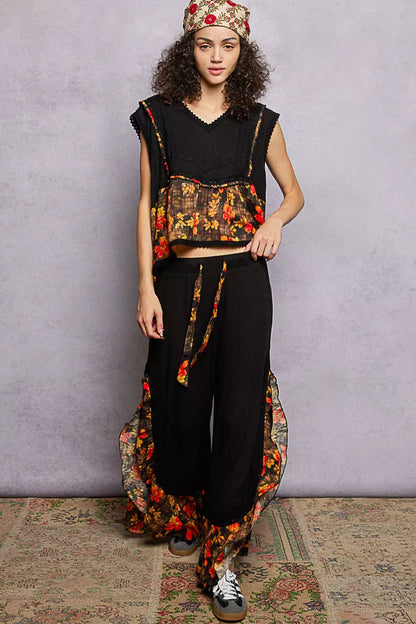 POL Lace Detail Floral Cropped Ruffled Top - Tigbul's Variety Fashion Shop