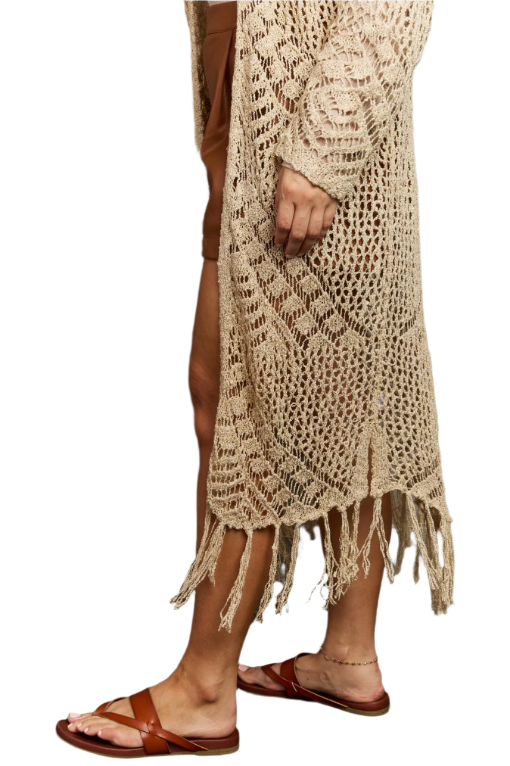 Tan Boho Plus Size 1XL Western Knit Fringe Cardigan | Tigbuls