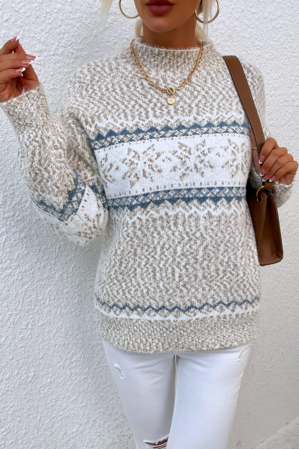 Snowflake Pattern Mock Neck Sweater - Tigbul's Variety Fashion Shop