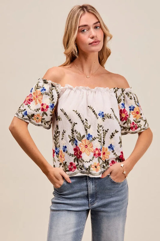 SO ME Floral Embroidered Two Way Off The Shoulder Blouse - Tigbul's Variety Fashion Shop