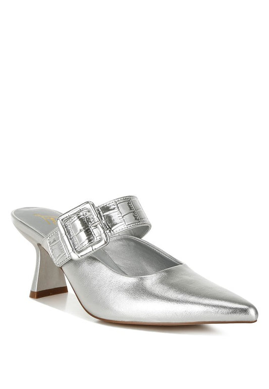 Bismi Large Buckle Silver Kitten Heel Mules - Tigbul's Variety Fashion Shop