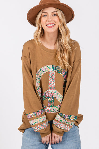 SAGE + FIG Peace Applique Patch Long Sleeve Top - Tigbul's Variety Fashion Shop