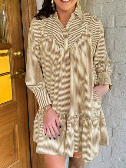 Stripe Collared Neck Cuffed Long Sleeve Drop Waist Mini Dress - Tigbul's Variety Fashion Shop