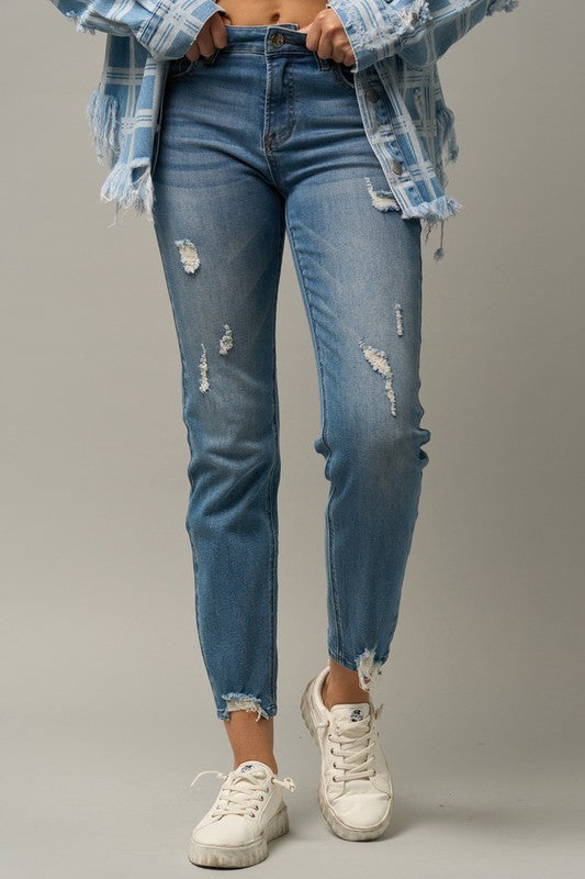 Trim Raw Hem Girlfriend Jeans - Tigbul's Variety Fashion Shop