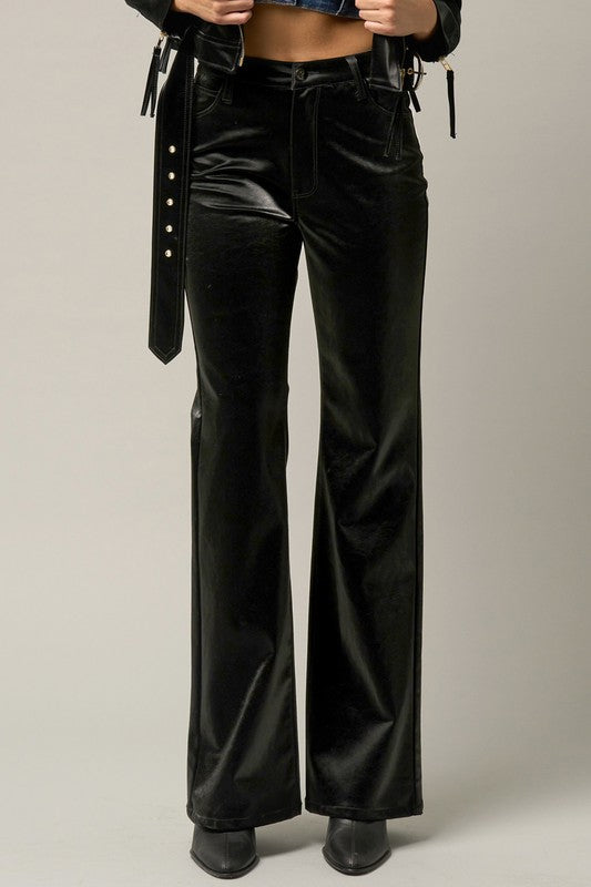 High Rise Flare Pants Black Shiny PU Fabric - Tigbul's Variety Fashion Shop