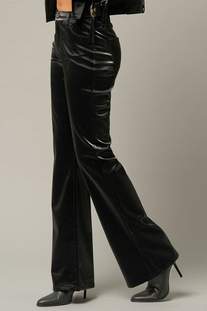 High Rise Flare Pants Black Shiny PU Fabric - Tigbul's Variety Fashion Shop