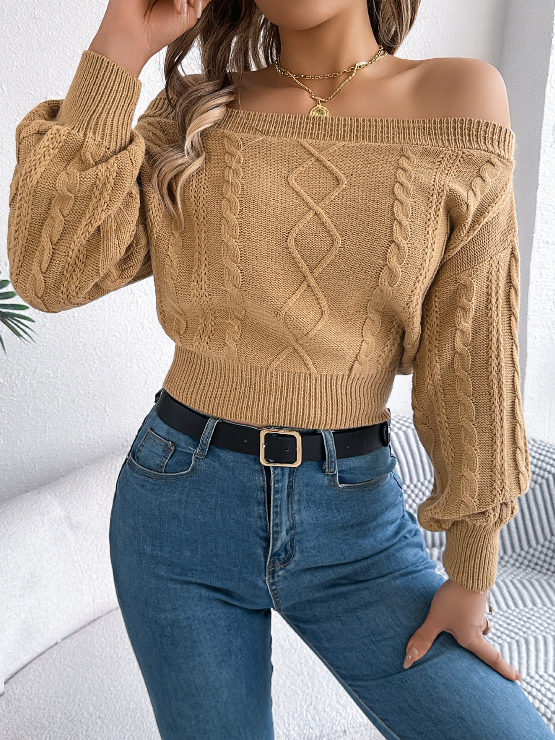 Cable Knit Off-Shoulder Long Sleeve Sweater - Tigbul's Variety Fashion Shop