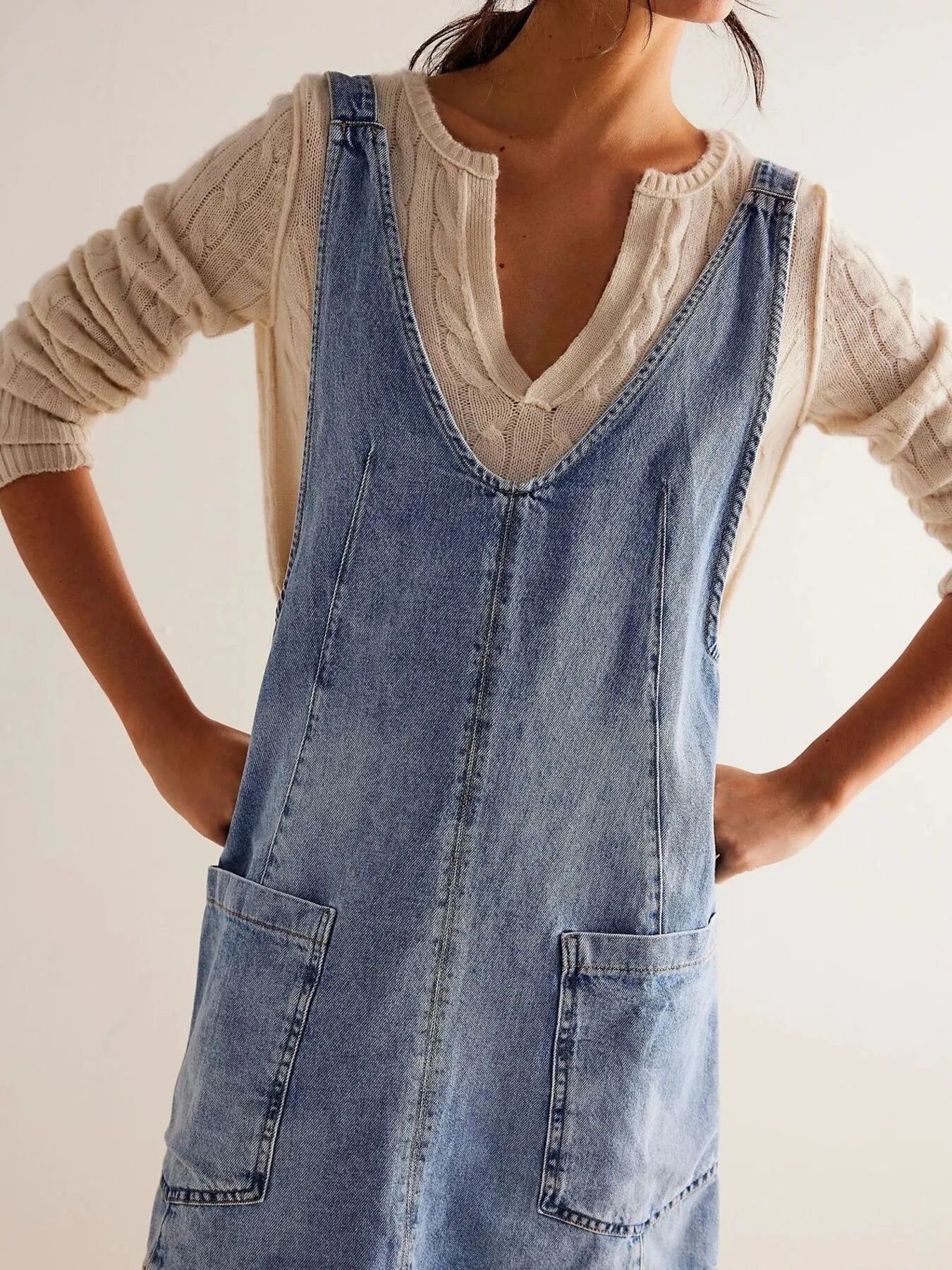 Oversized V-Neck Denim Tank Dress with Front Pockets - Tigbul's Variety Fashion Shop